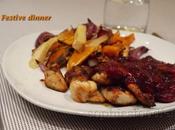 Chicken Served with Cranberry Orange Port Sauce Oven Roasted Parsnips, Onions Sweet Potato Fries!
