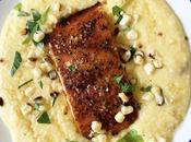 Cedar Grilled Salmon Over Gouda Cheese Grits with Charred Summer Corn Brown Butter