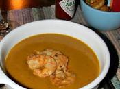 Creole Vegetable-Cheddar Bisque with Roasted Shrimp